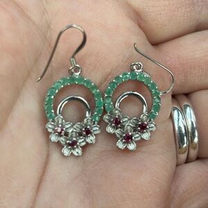 Gemuine Emerald & Rhodolite Garnet Sterling Silver  dangle Earrings.